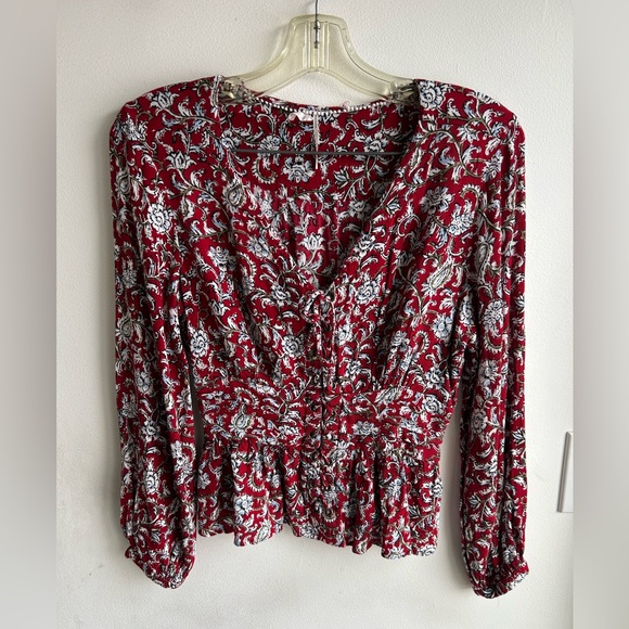 Anthropologie Feather Bone Latrobe Floral Lace Up Smocked Peplum Blouse Sz 10 - Picture 1 of 4